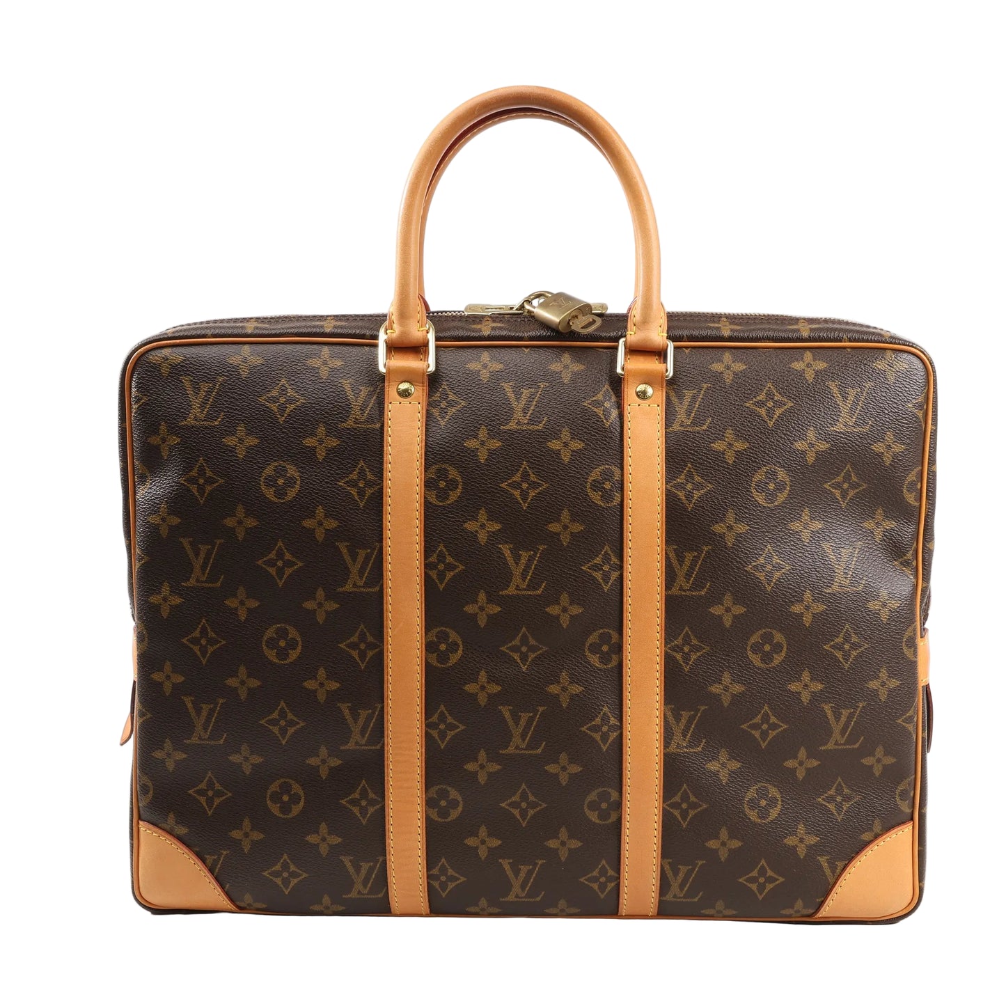 Louis Vuitton Porte Documents Voyage handbag in brown monogram canvas with natural leather handles and trim, featuring a structured rectangular shape ideal for documents or laptop use.
