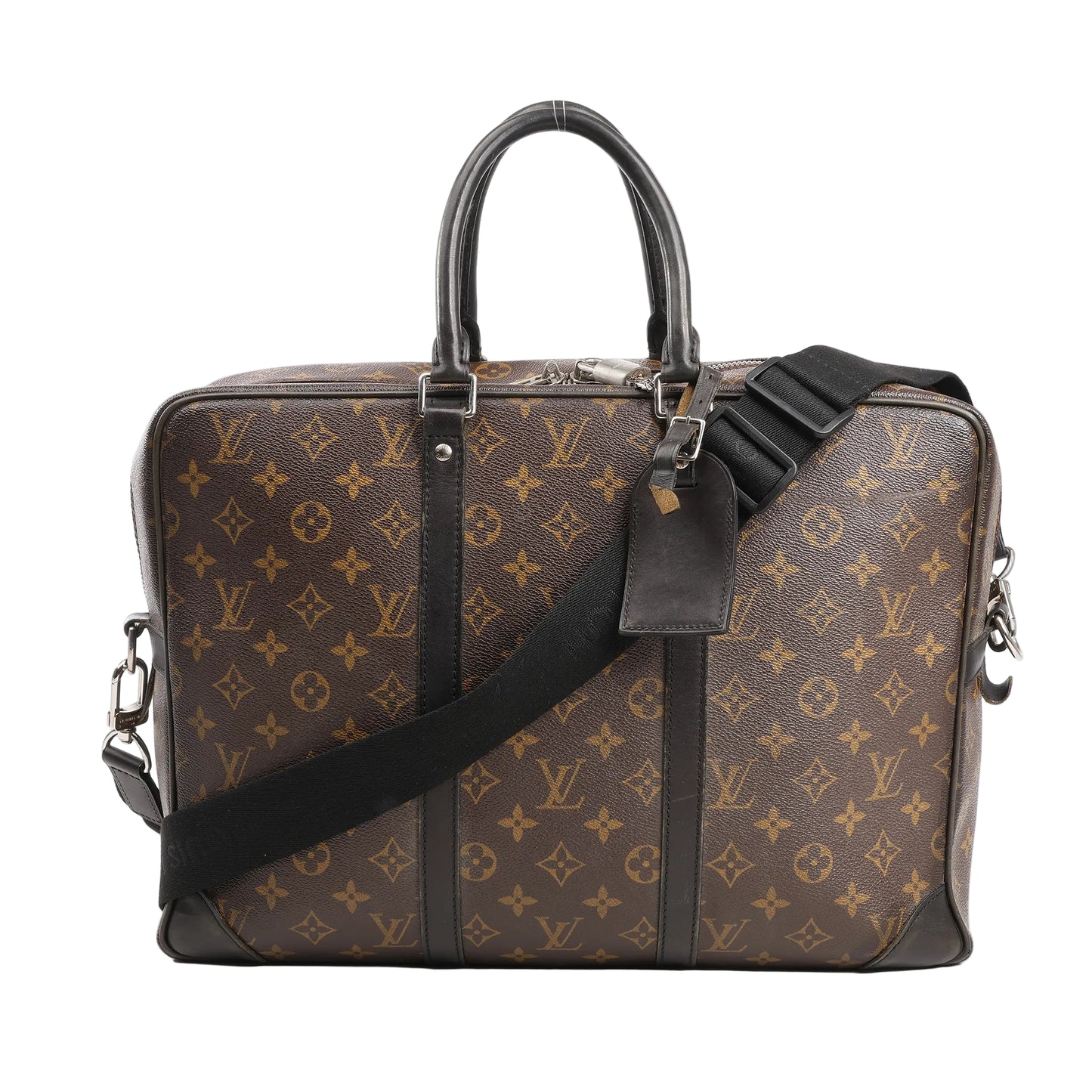 Louis Vuitton Monogram Macassar Porte-Documents Voyages handbag in brown canvas with black leather trim, dual top handles, a detachable shoulder strap, and silver-tone hardware.