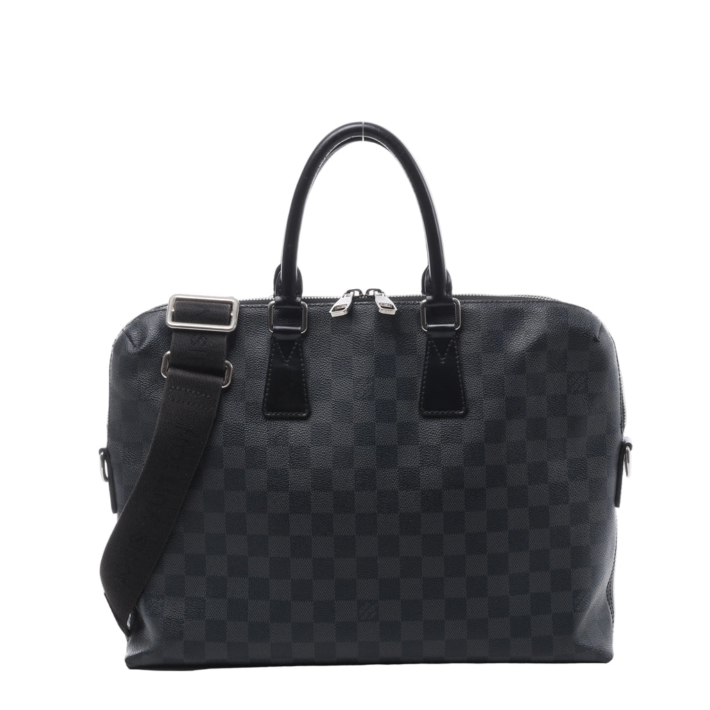 Louis Vuitton Porte Documents Jour briefcase in black Damier Graphite canvas with leather top handles, wide shoulder strap and silver-tone hardware.