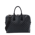 Louis Vuitton Porte Documents Jour briefcase in black Damier Graphite canvas with leather top handles, wide shoulder strap and silver-tone hardware.