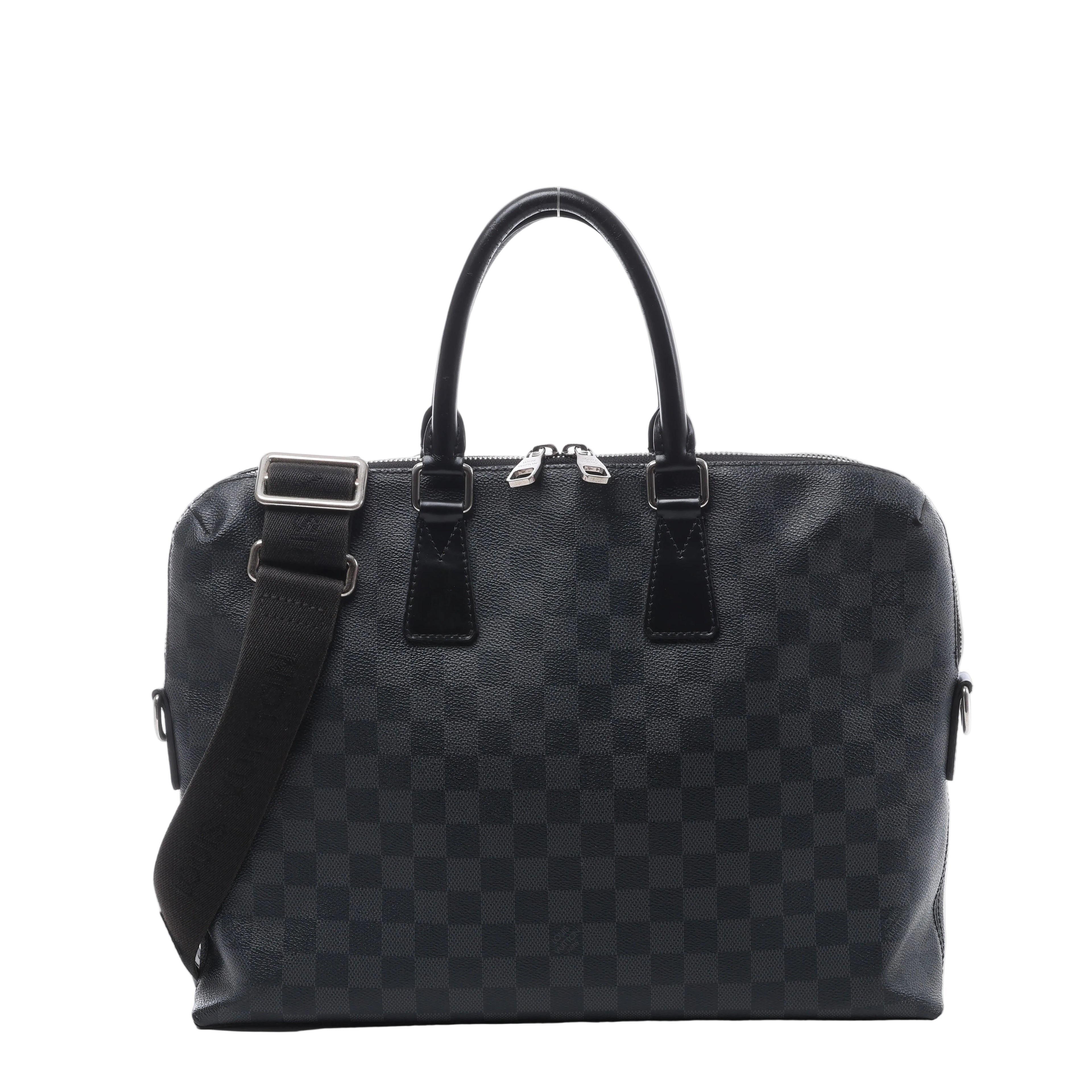 Louis Vuitton Porte Documents Jour briefcase in black Damier Graphite canvas with leather top handles, wide shoulder strap and silver-tone hardware.