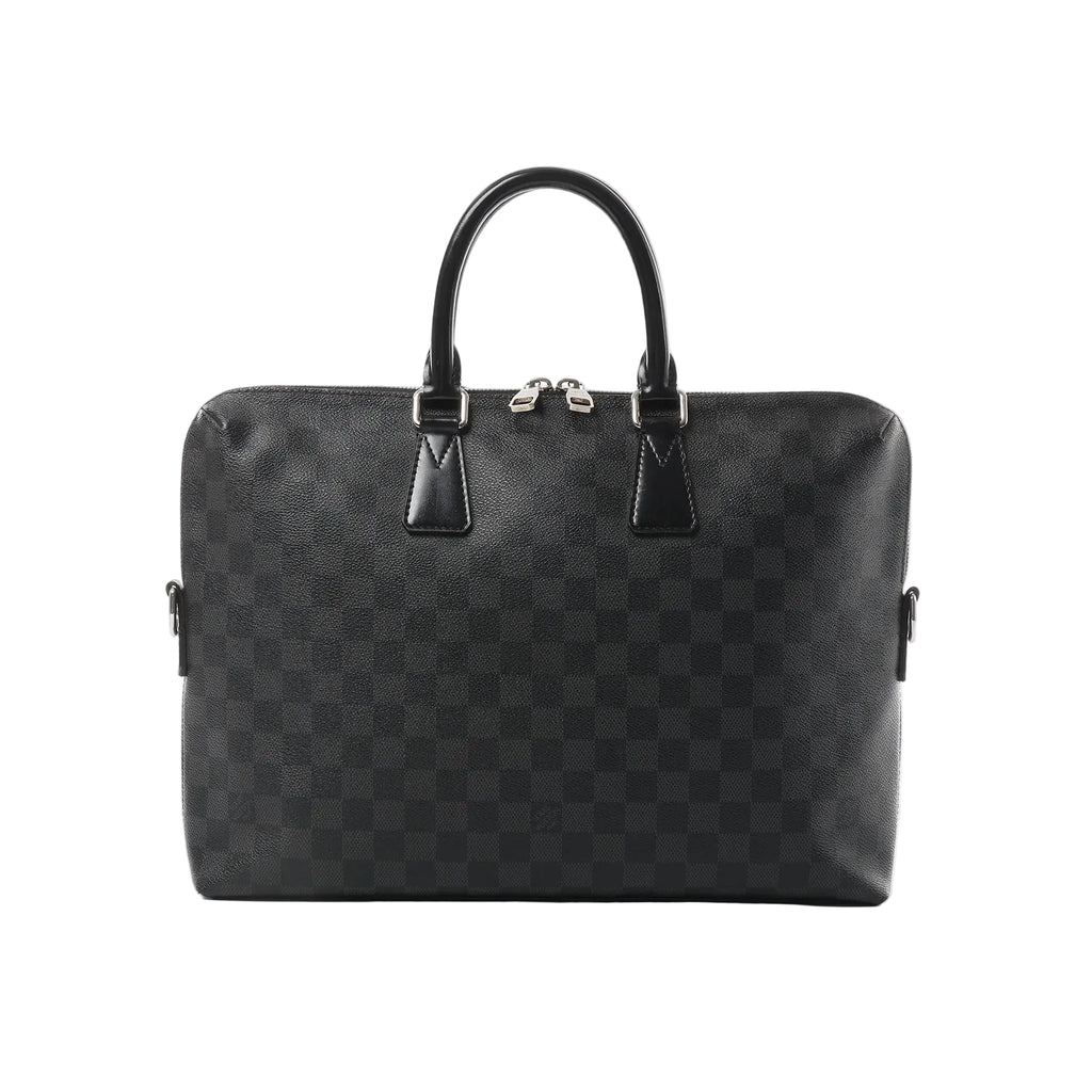 Louis Vuitton Porte-Documents Jour briefcase in black Damier Graphite check canvas with dual top handles and zip-top closure on white background