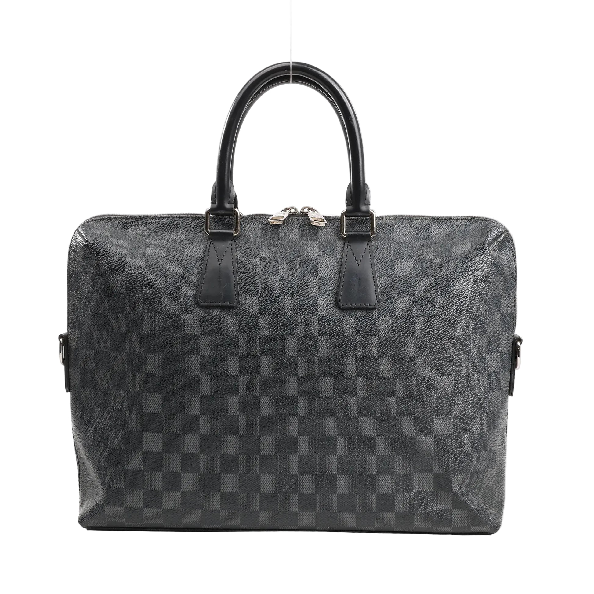 Louis Vuitton Porte-Documents Jour handbag in black Damier Graphite canvas featuring a checkered pattern, dual rolled leather handles, and silver-tone hardware.