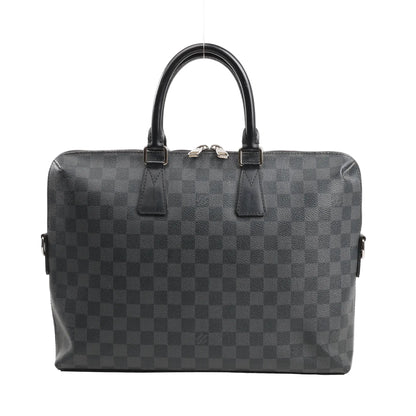 Louis Vuitton Porte-Documents Jour handbag in black Damier Graphite canvas featuring a checkered pattern, dual rolled leather handles, and silver-tone hardware.