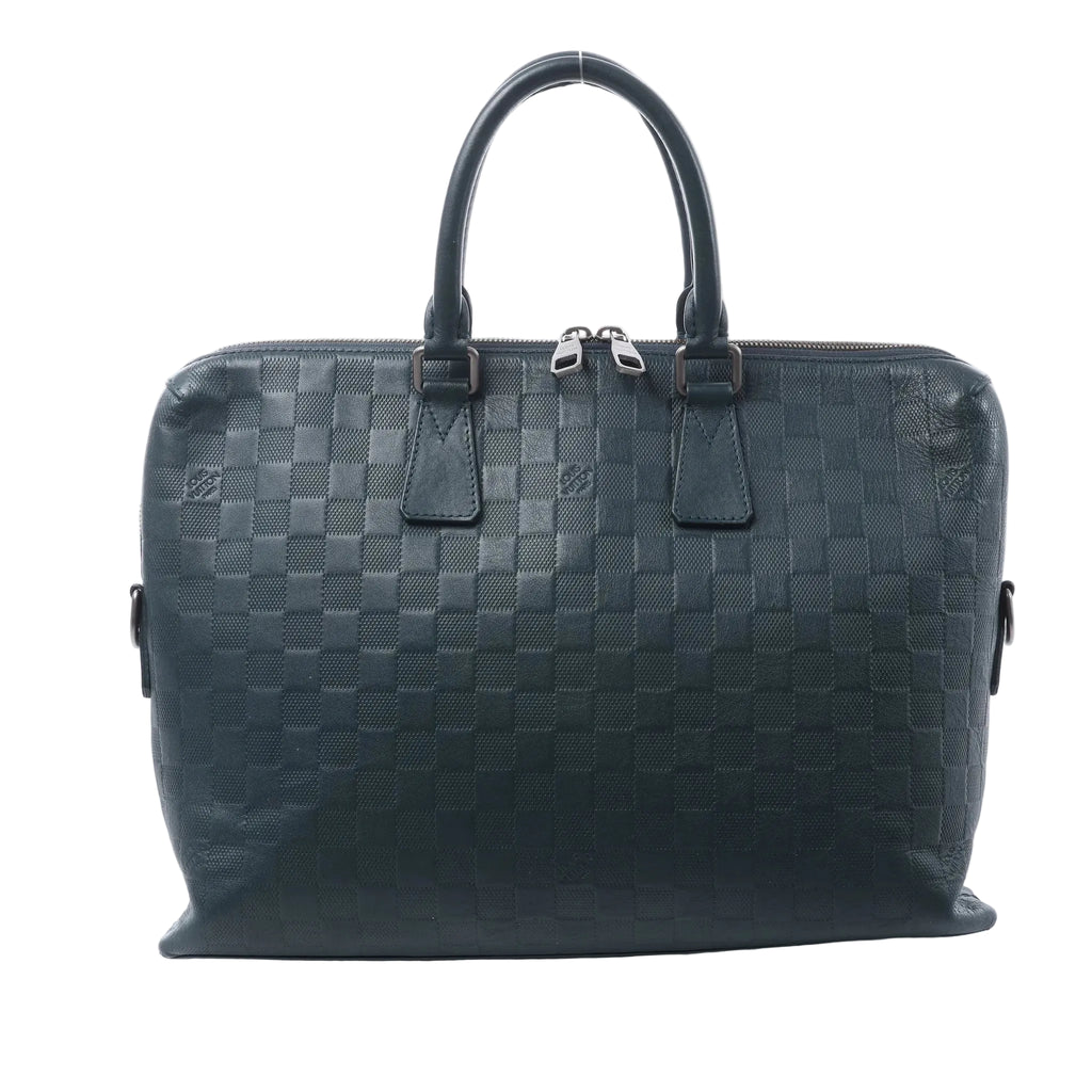 Louis Vuitton Porte-Documents Jour handbag in navy Damier Infini leather with rolled top handles, double zip closure and structured rectangular shape.