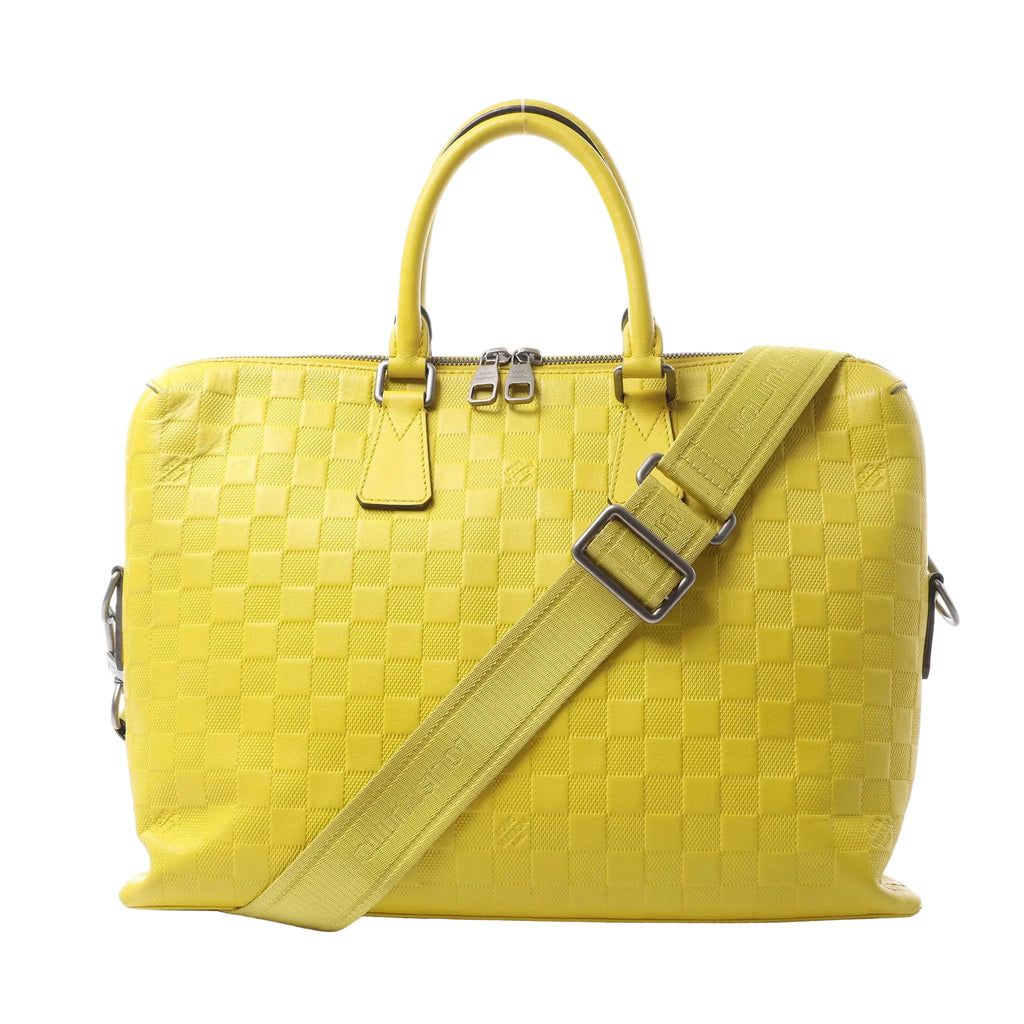 Louis Vuitton Porte-Documents Jour yellow Damier Infini leather bag with rolled handles, double zip closure and detachable logo shoulder strap.