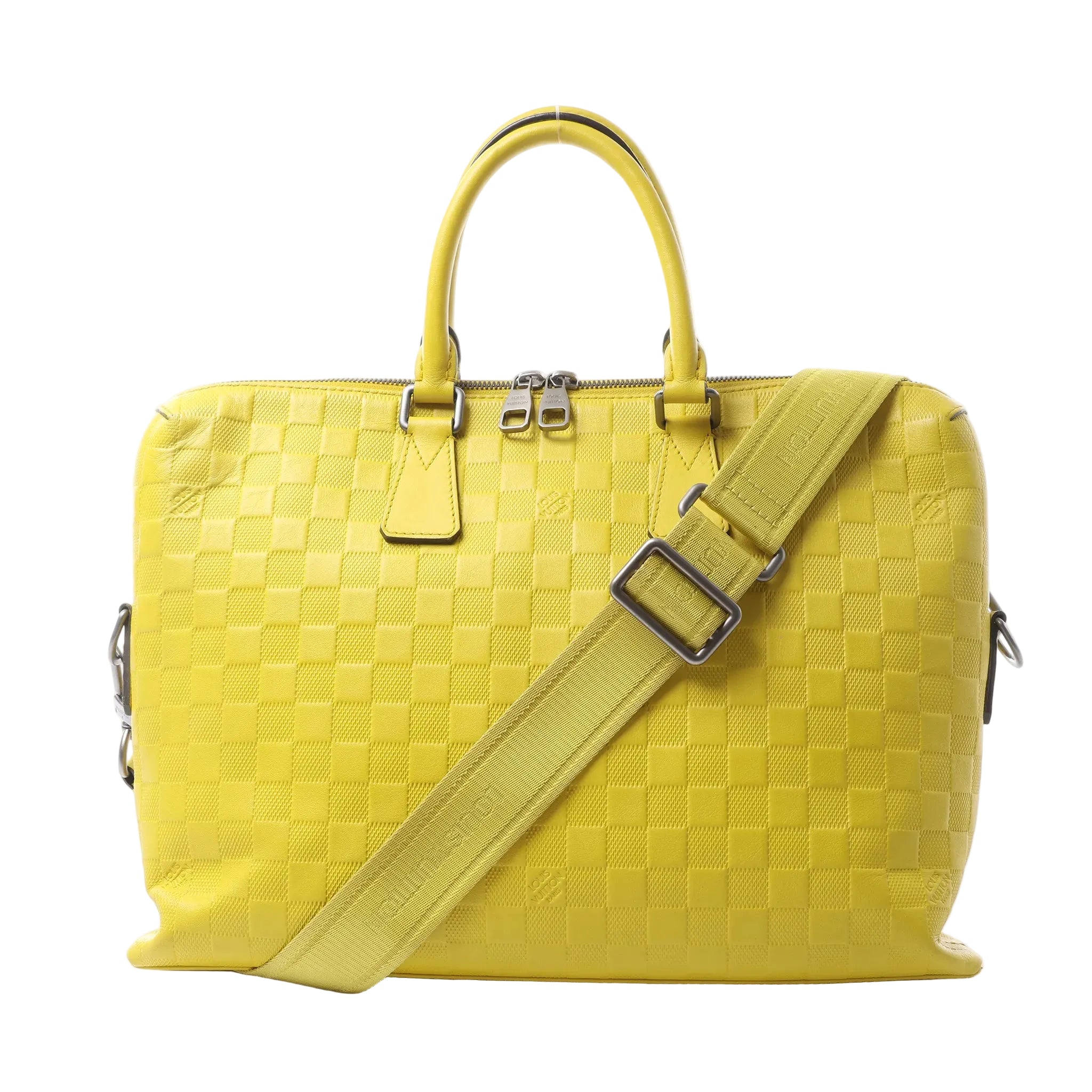 Louis Vuitton Porte-Documents Jour yellow Damier Infini leather bag with rolled handles, double zip closure and detachable logo shoulder strap.