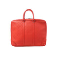 Front view of Louis Vuitton red Damier Infini leather Porte Documents Voyages briefcase with dual top handles, zip-top closure, and tonal checkerboard pattern on white background.