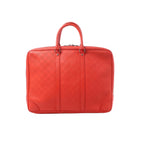 Front view of Louis Vuitton red Damier Infini leather Porte Documents Voyages briefcase with dual top handles, zip-top closure, and tonal checkerboard pattern on white background.