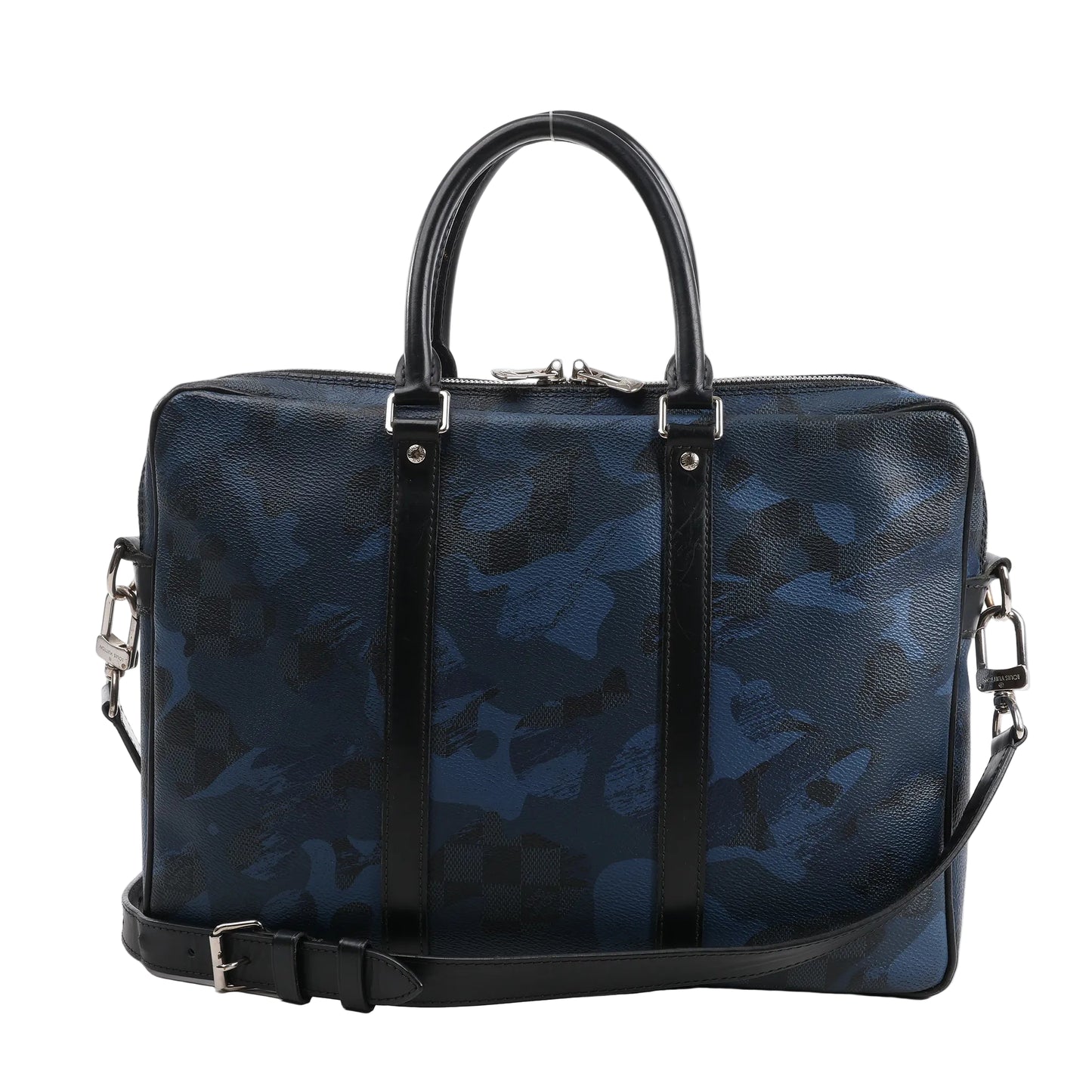 Louis Vuitton Damier Cobalt Camouflage Porte-Documents Voyage 2Way Bag N41507 in blue and black coated canvas with camouflage and check pattern, dual black leather handles, detachable shoulder strap, and silver-tone hardware, displayed upright against a white background.
