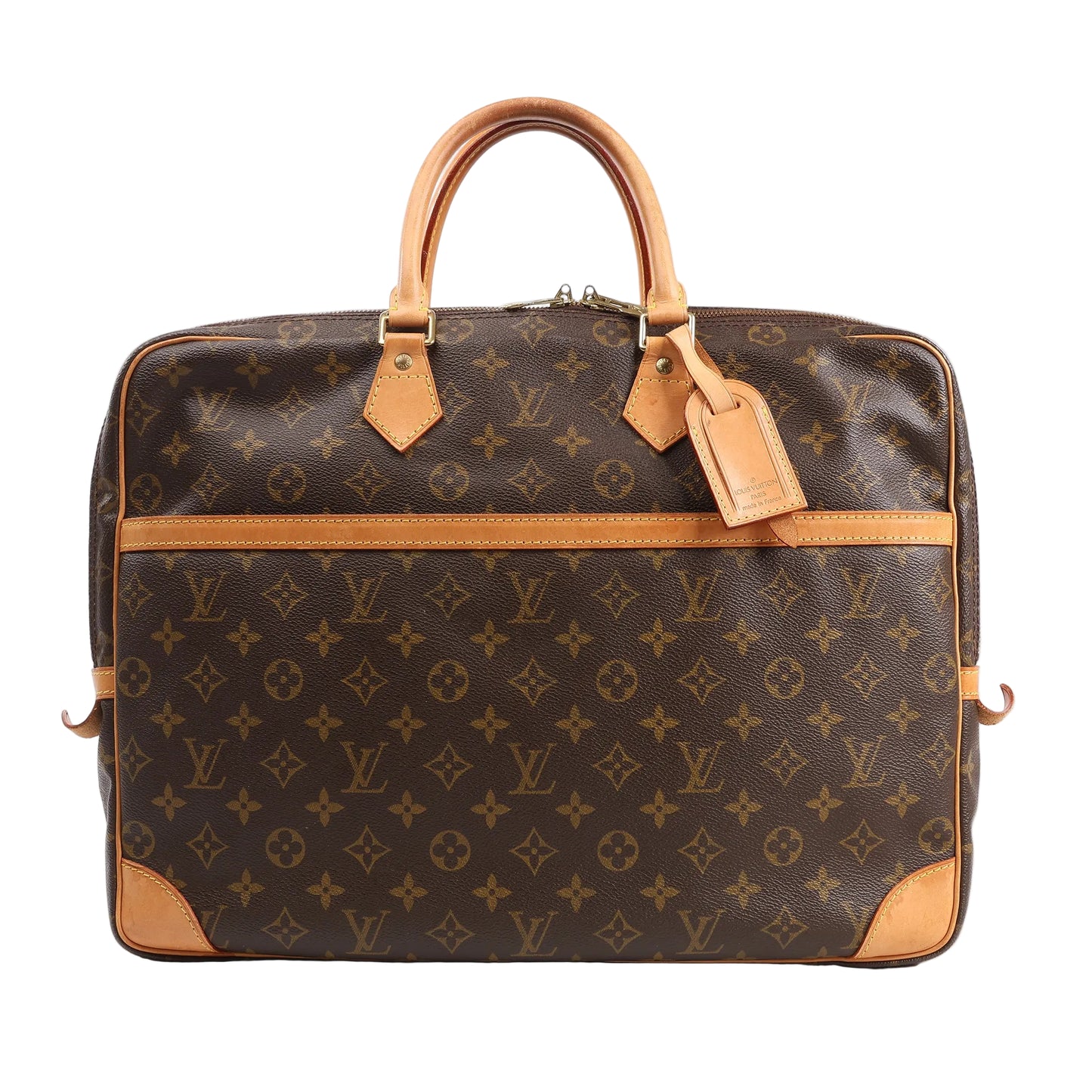 Louis Vuitton Monogram Canvas Porte Documents Voyage Handbag M53362 in brown coated canvas with natural Vachetta leather trim, top handles, front slip pocket, and luggage tag, displayed upright against a white background.