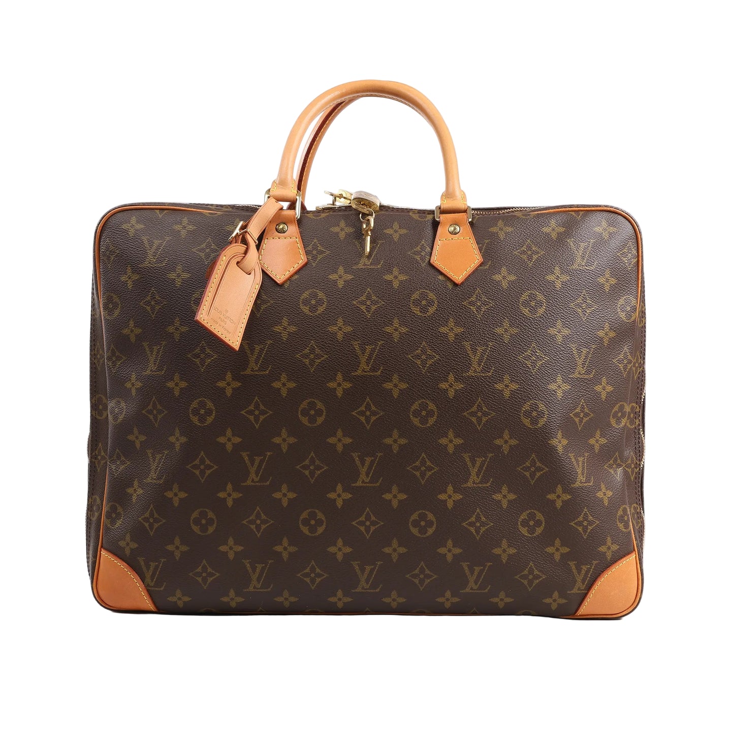 Louis Vuitton Monogram Canvas Porte-Documents Voyage Handbag M53362 with brown coated canvas, natural Vachetta leather trim, dual top handles, gold-tone zipper, and name tag, displayed upright against a white background.