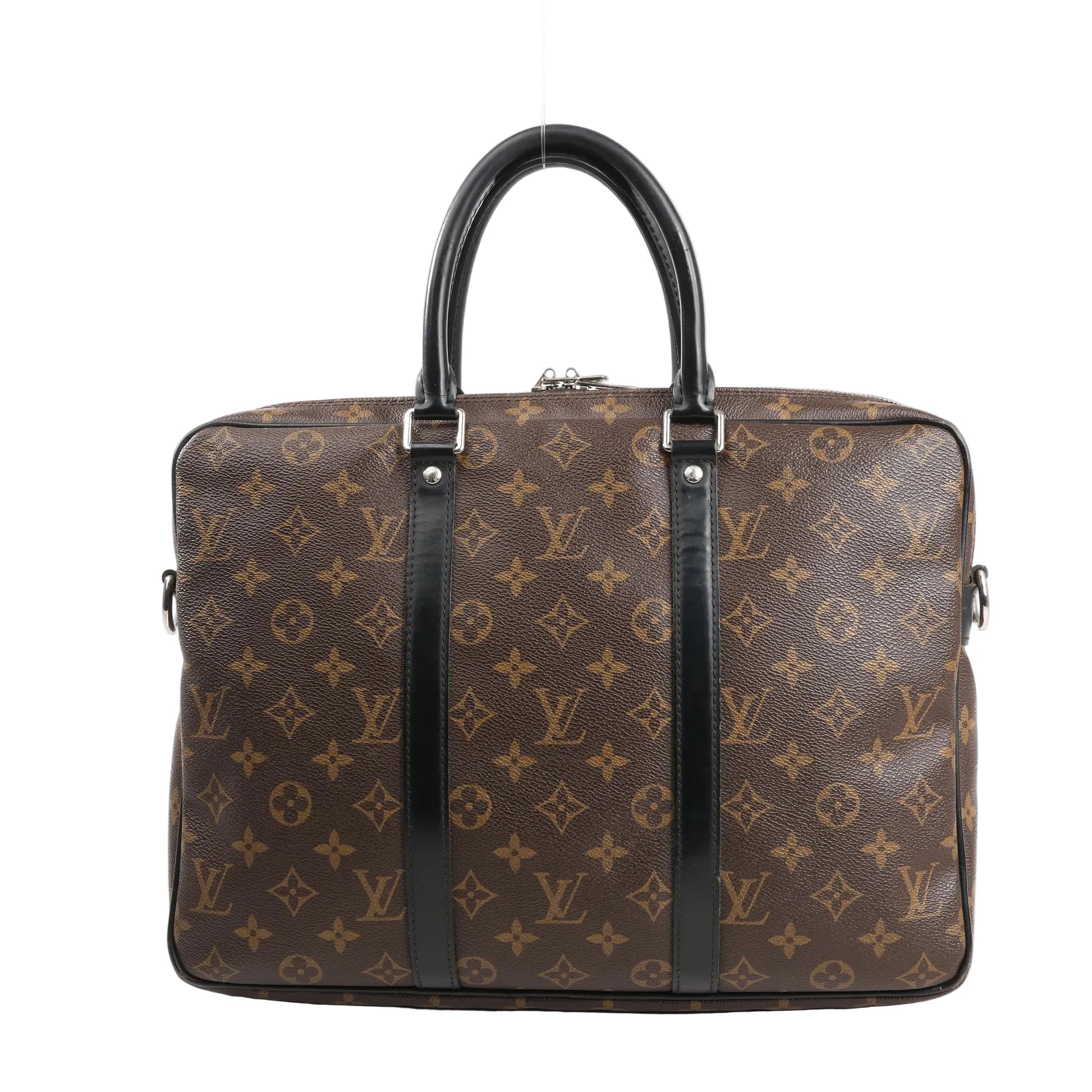 Louis Vuitton Porte-Documents Voyage PM in brown Monogram Macassar canvas, featuring black leather top handles and trim, silver-tone hardware, and a structured, rectangular silhouette ideal for business or travel.