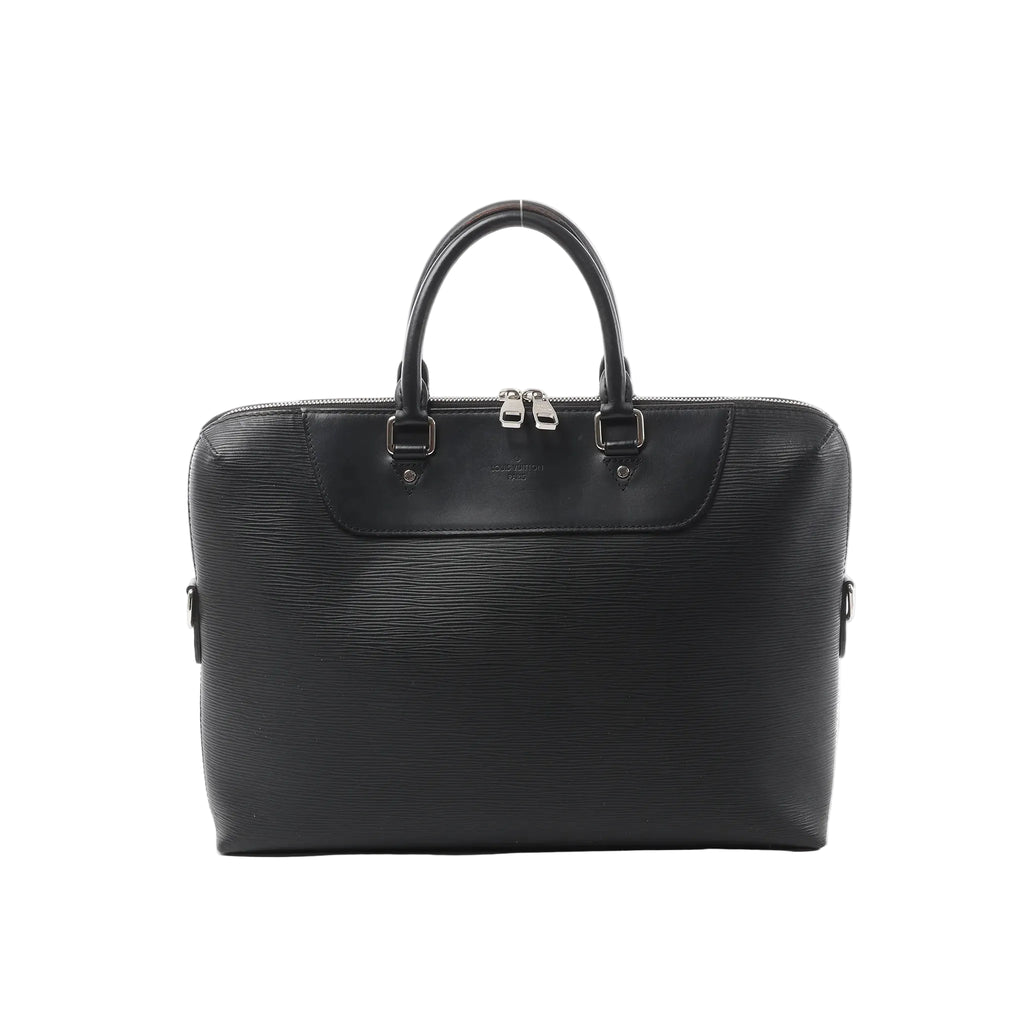 Black Louis Vuitton Epi leather briefcase with top handles, double-zip closure, and embossed Louis Vuitton Paris logo on the front panel.