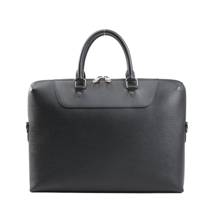 Louis Vuitton Porte Documents Jules M50163 handbag in black Epi leather with dual top handles, silver-tone double zipper closure, and textured finish.