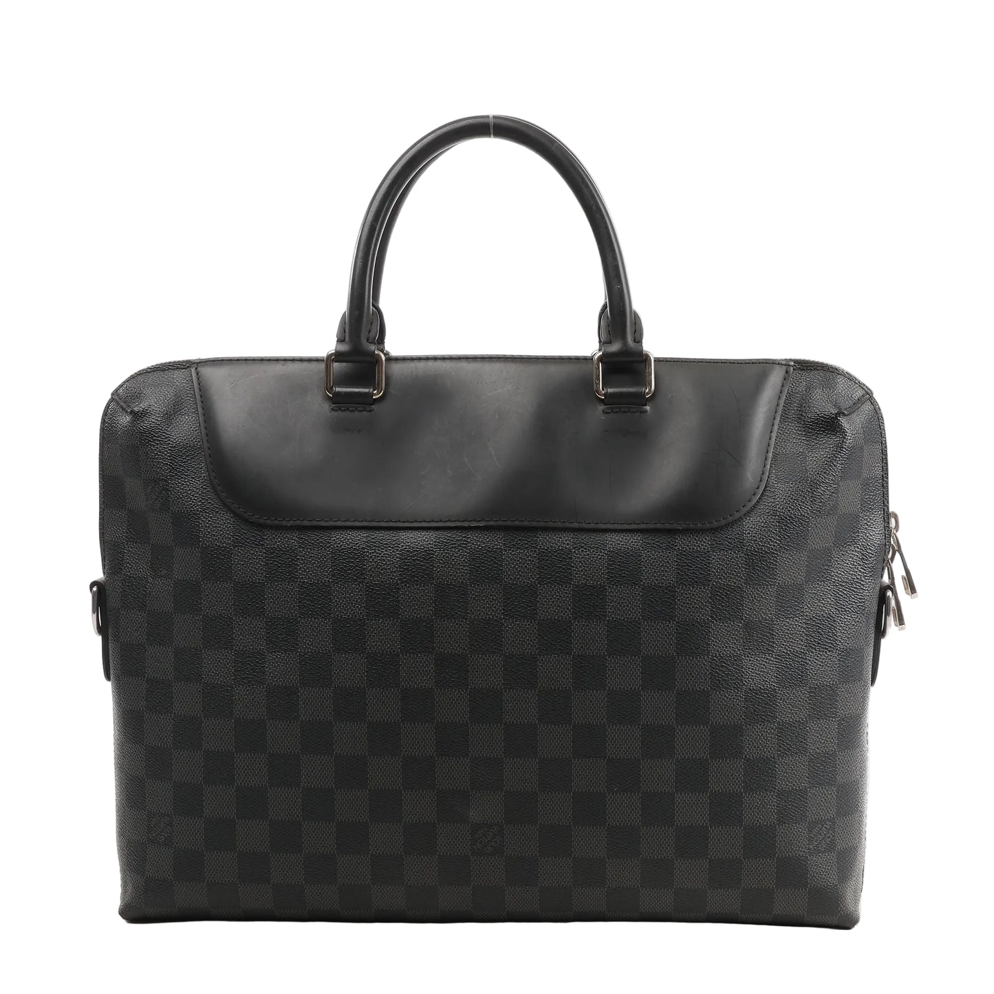 Louis Vuitton Porte Documents Jules NM Handbag N48260 in black Damier Graphite canvas with black leather trim, dual top handles, silver-tone hardware, and zip closure.