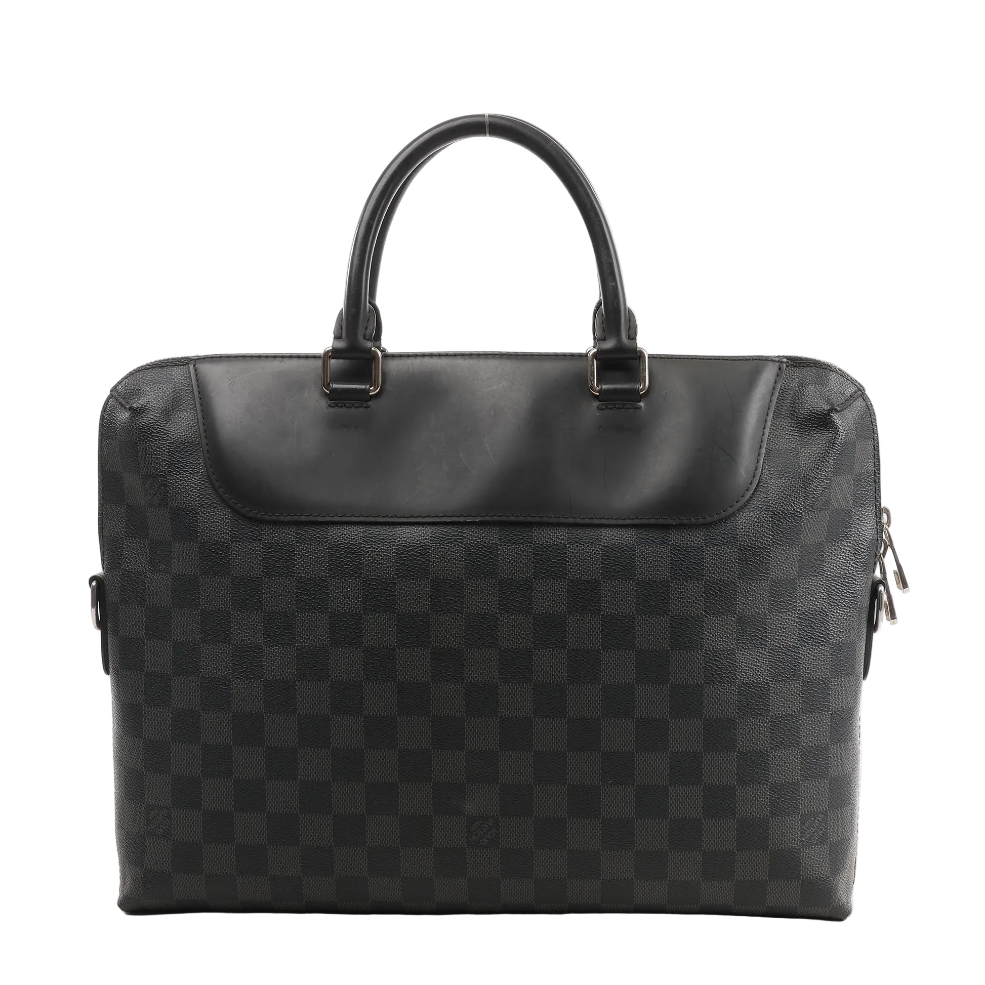 Louis Vuitton Porte Documents Jules NM Handbag N48260 in black Damier Graphite canvas with black leather trim, dual top handles, silver-tone hardware, and zip closure.