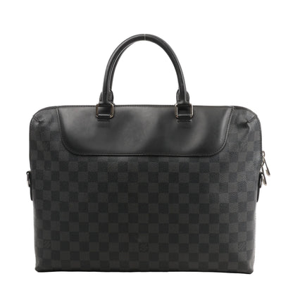 Louis Vuitton Porte Documents Jules NM Handbag N48260 in black Damier Graphite canvas with black leather trim, dual top handles, silver-tone hardware, and zip closure.
