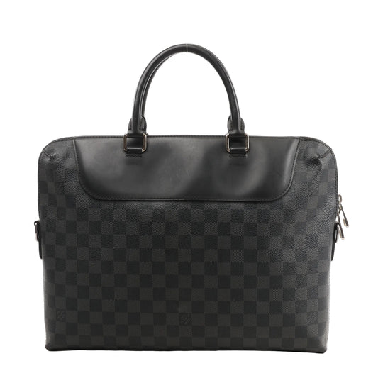 Louis Vuitton Porte Documents Jules NM Handbag N48260 in black Damier Graphite canvas with black leather trim, dual top handles, silver-tone hardware, and zip closure.