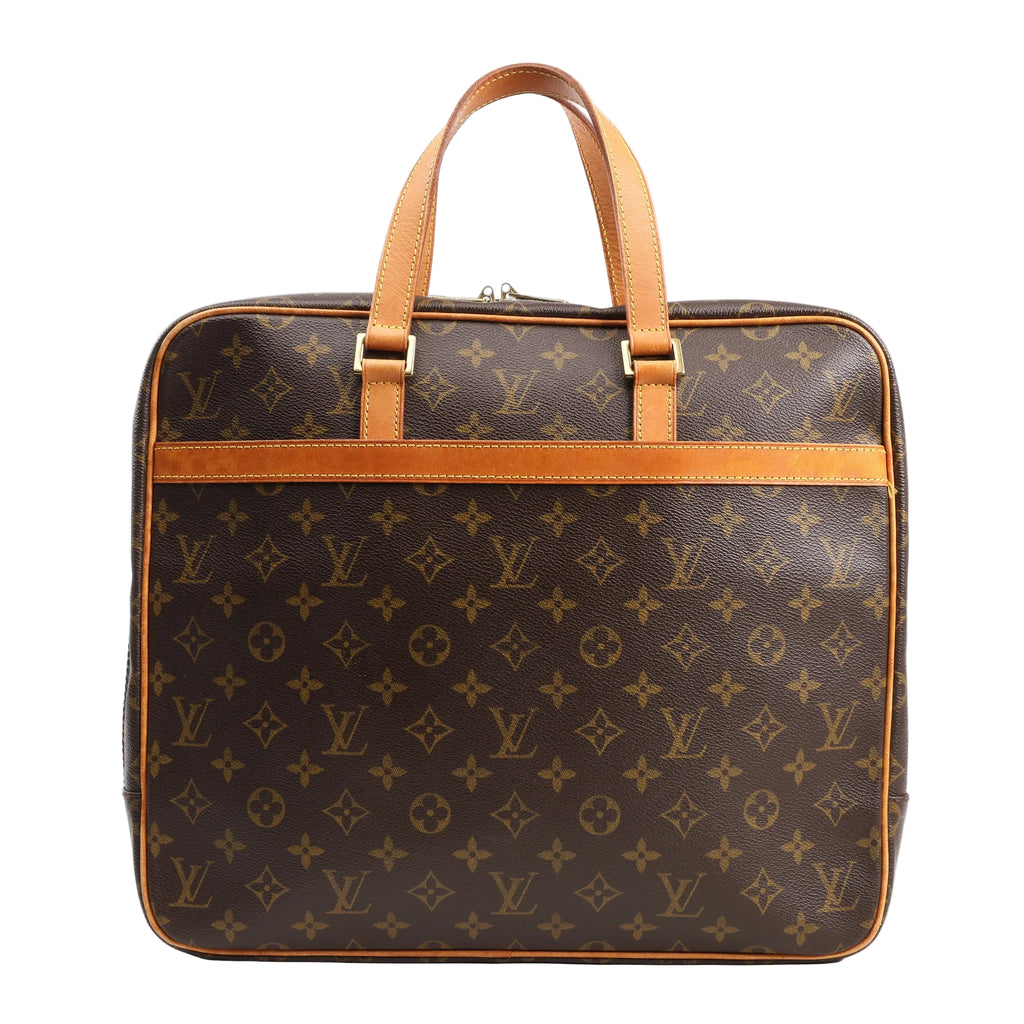 Louis Vuitton Monogram Porte Documents Pegase Handbag M53343 featuring brown coated canvas with LV monogram print, dual natural leather handles, exterior slip pocket, and zip closure, set against a white background.