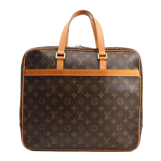 Louis Vuitton Monogram Porte Documents Pegase Handbag M53343 featuring brown coated canvas with LV monogram print, dual natural leather handles, exterior slip pocket, and zip closure, set against a white background.