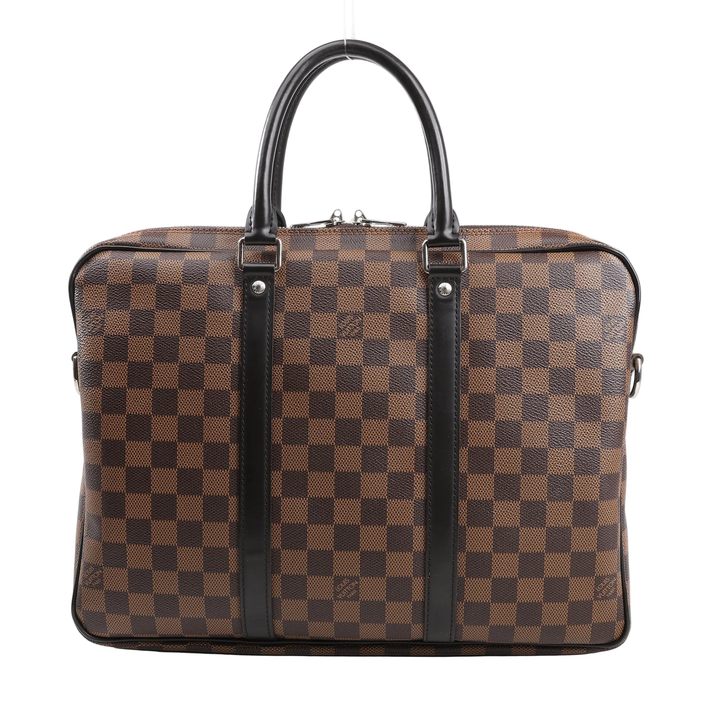 Louis Vuitton Porte Documents Voyages N41466 handbag in brown Damier Ebene coated canvas with dual black leather top handles, silver-tone hardware, and structured silhouette.
