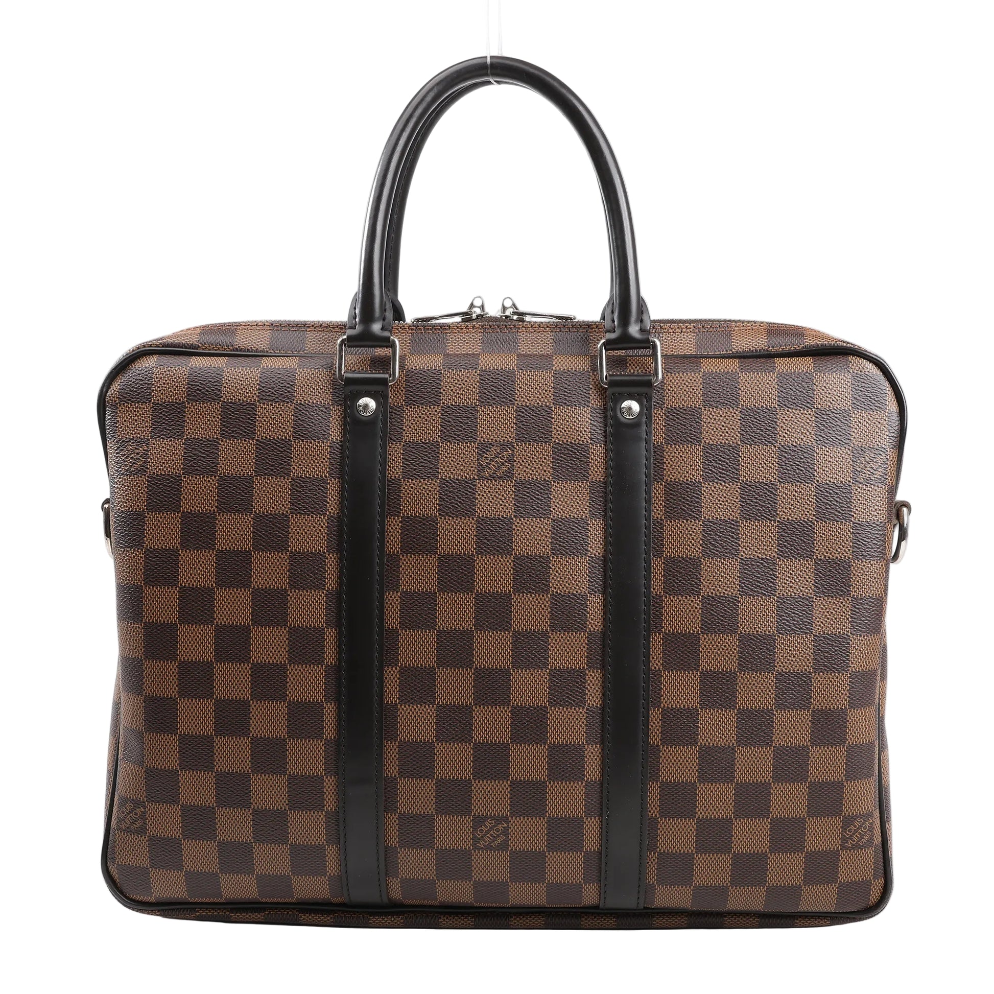 Louis Vuitton Porte Documents Voyages N41466 handbag in brown Damier Ebene coated canvas with dual black leather top handles, silver-tone hardware, and structured silhouette.