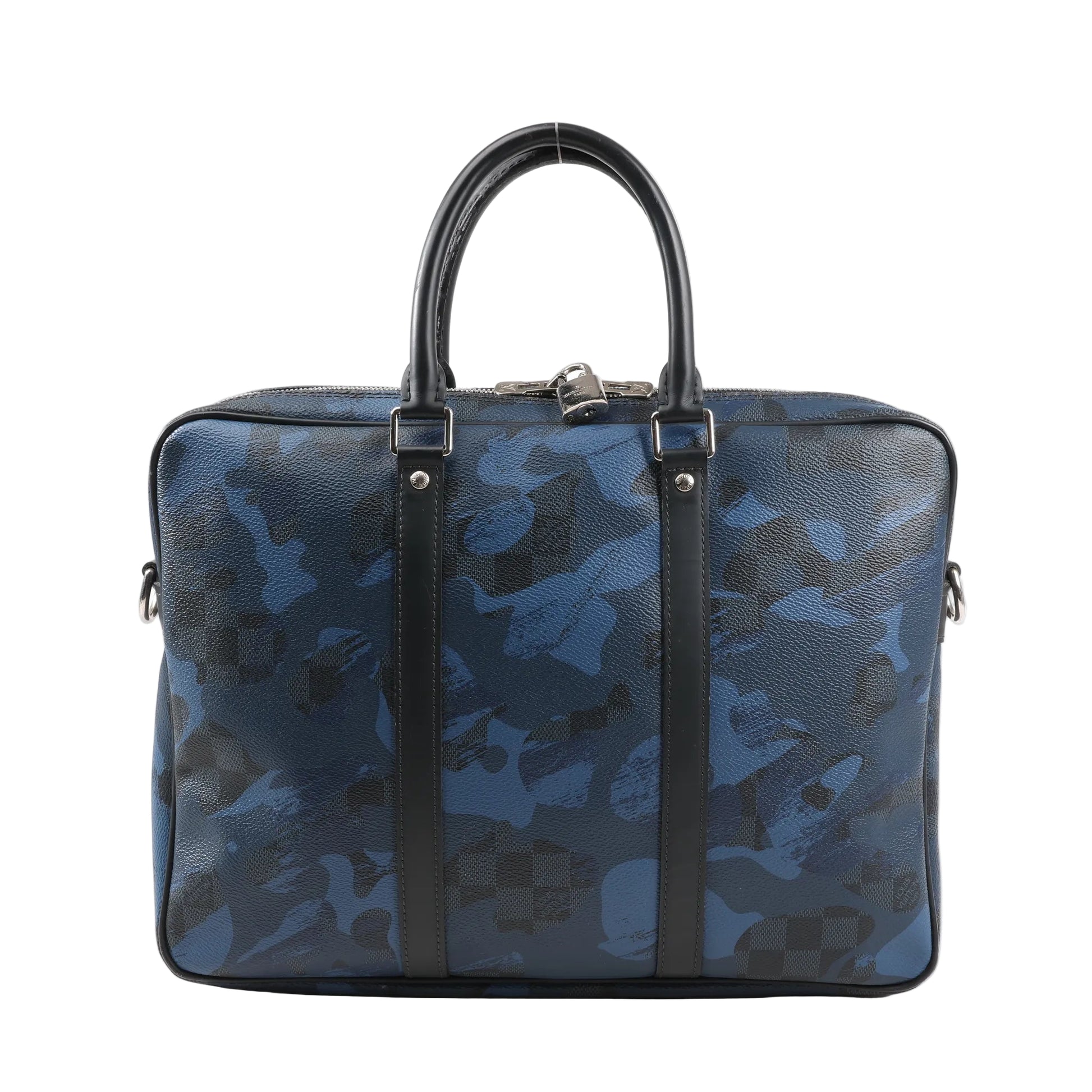 Front view of Louis Vuitton Porte Documents Voyage PM in navy and black Damier Cobalt Camouflage canvas, featuring double top handles, silver-tone hardware, structured silhouette, and leather trim with signature checkerboard pattern blending into the camo print.