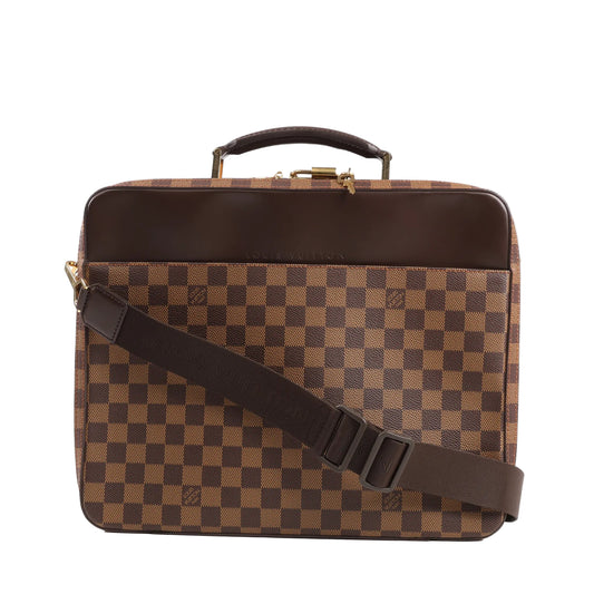 Louis Vuitton Damier Ebene Porto Ordino Tours Sabana 2Way Shoulder Bag N53355 featuring brown checkered canvas, dark brown leather trim, a top handle, adjustable shoulder strap, and front slip pocket, displayed upright on a white background.
