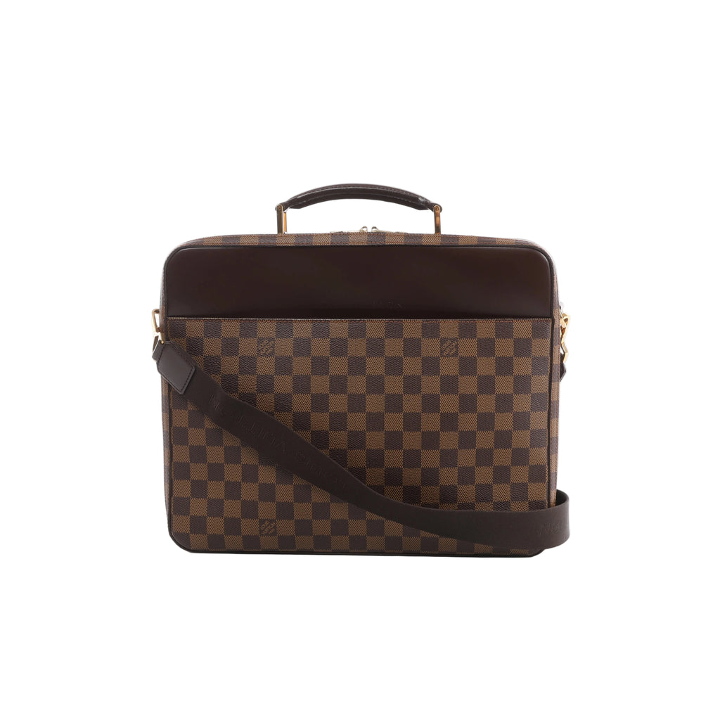 Louis Vuitton Porto Ordino Tours Sabana Damier Ebene bag with dark leather trim, top handle, wide shoulder strap and gold-tone hardware.