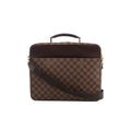Louis Vuitton Porto Ordino Tours Sabana Damier Ebene bag with dark leather trim, top handle, wide shoulder strap and gold-tone hardware.