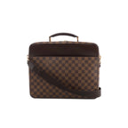 Louis Vuitton Porto Ordino Tours Sabana Damier Ebene bag with dark leather trim, top handle, wide shoulder strap and gold-tone hardware.