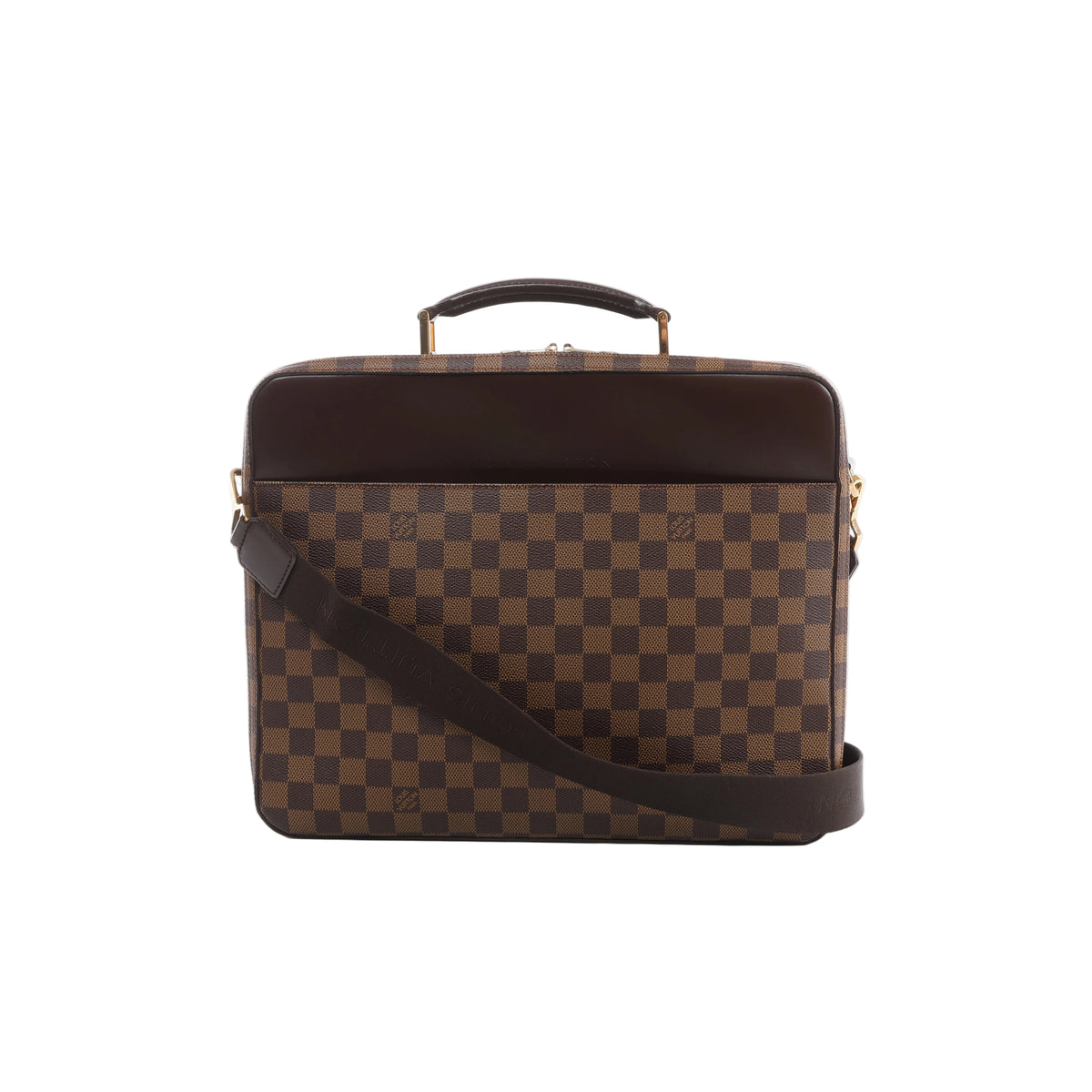 Louis Vuitton Porto Ordino Tours Sabana Damier Ebene bag with dark leather trim, top handle, wide shoulder strap and gold-tone hardware.
