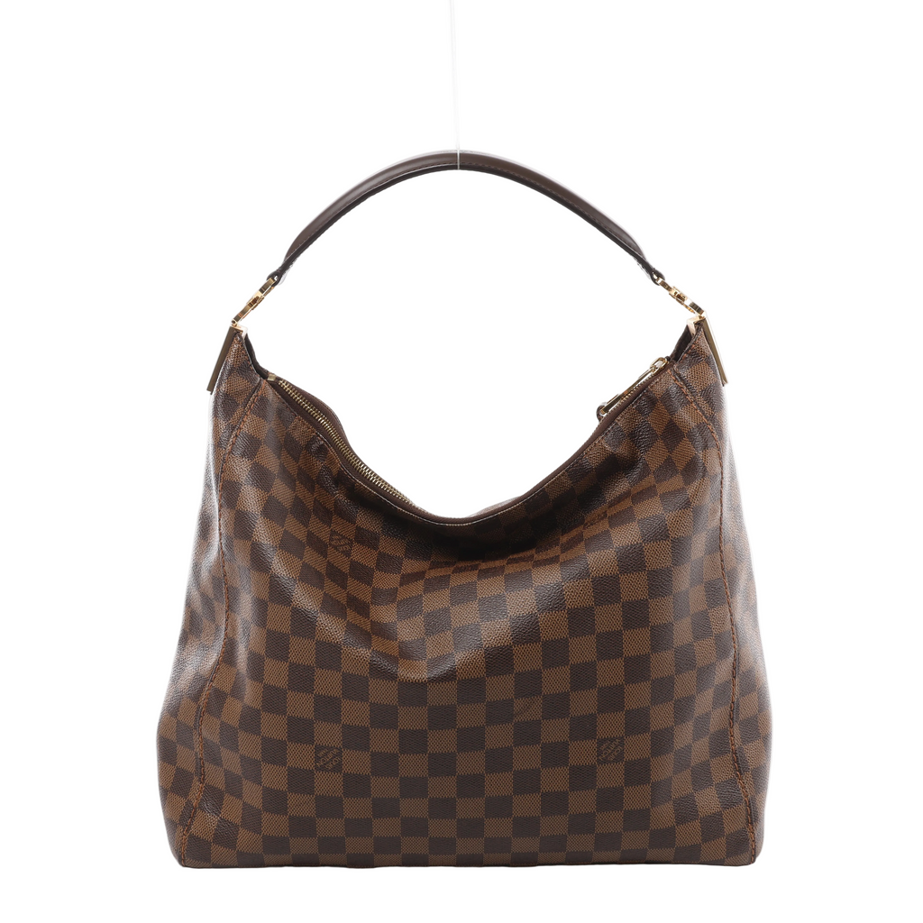 Front view of a brown Louis Vuitton Portobello GM bag with checkerboard canvas, a curved dark brown leather shoulder strap, top zip and gold-tone fittings.