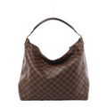 Front view of a brown Louis Vuitton Portobello GM bag with checkerboard canvas, a curved dark brown leather shoulder strap, top zip and gold-tone fittings.