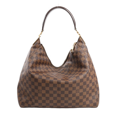 Louis Vuitton Portobello GM Shoulder Bag in brown Damier Ebene canvas with curved top zip closure, gold-tone hardware, and a single leather shoulder strap.
