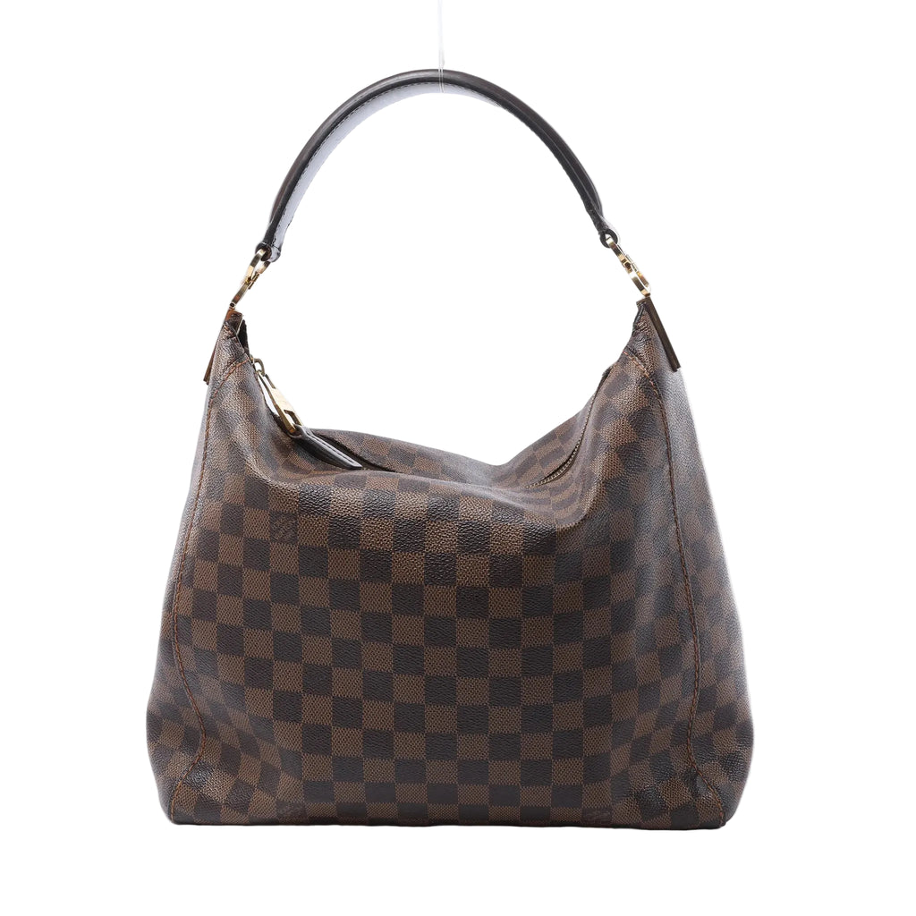 Front view of a brown Louis Vuitton Portobello PM Damier Ebene shoulder bag with a checkered pattern, dark curved strap and gold-tone hardware.