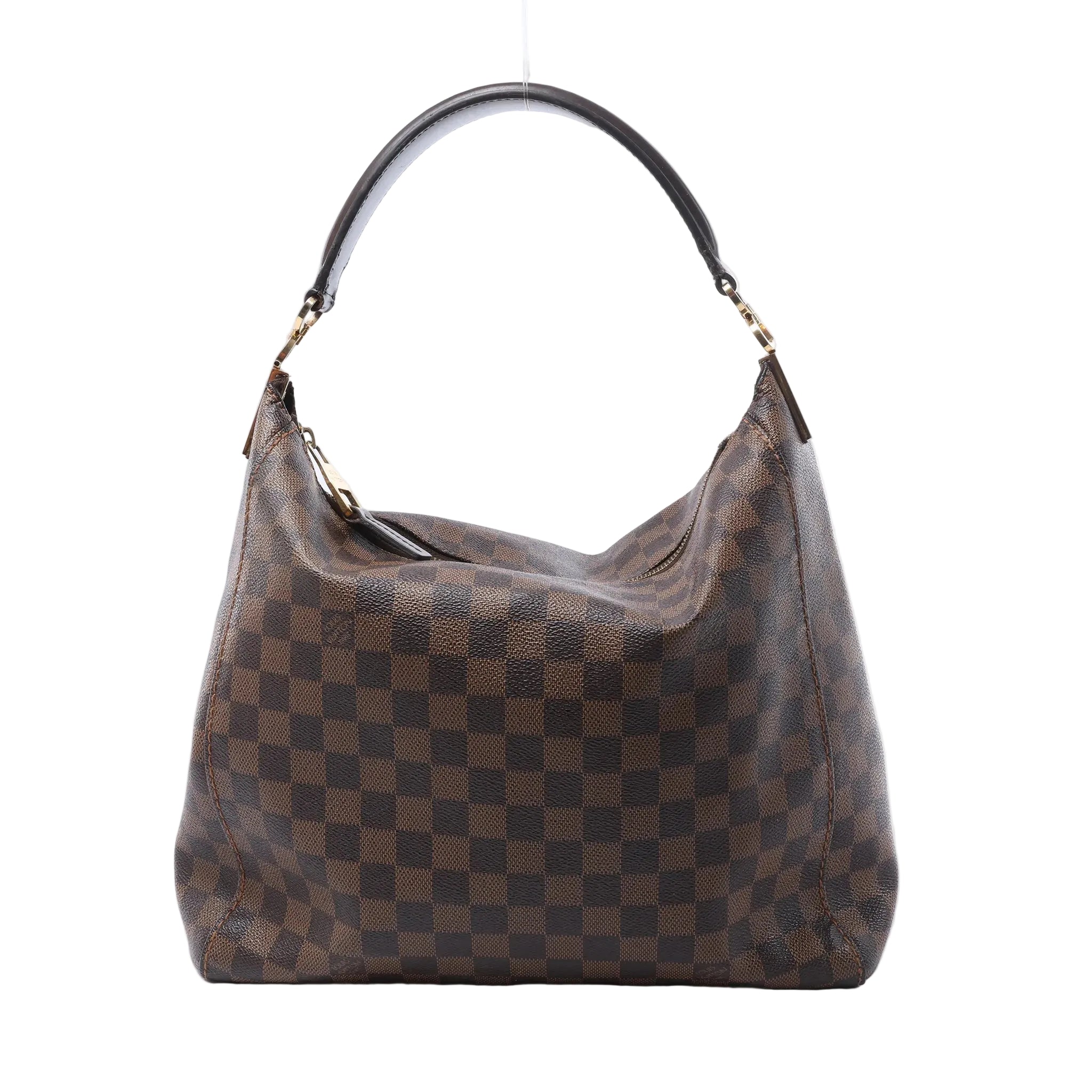 Front view of a brown Louis Vuitton Portobello PM Damier Ebene shoulder bag with a checkered pattern, dark curved strap and gold-tone hardware.