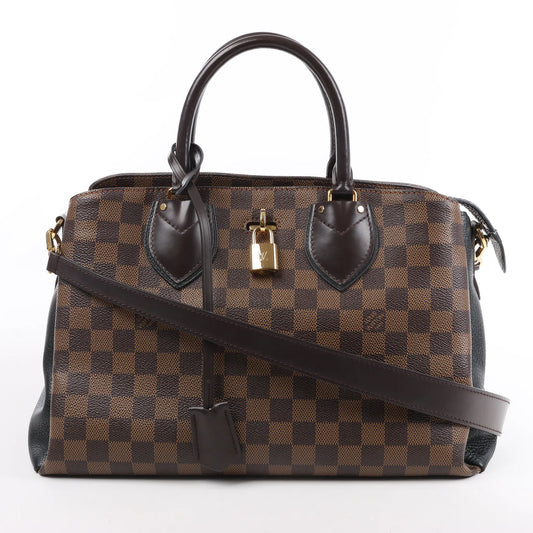Louis Vuitton Damier Ebene Portofeuil-Normandy N41487 handbag featuring brown checkered canvas, dark brown leather trim, dual rolled handles, gold-tone padlock, and a matching detachable shoulder strap, displayed against a white background.
