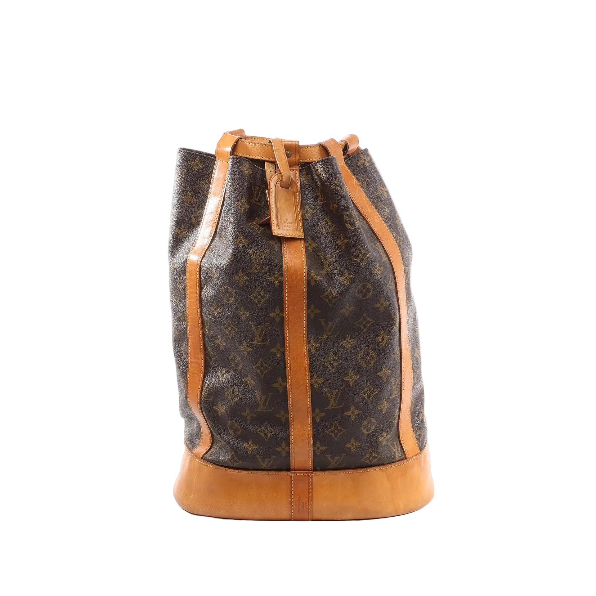 Louis Vuitton Randonnée GM bucket bag in brown Monogram canvas with tan vachetta leather trim and base, drawstring top, and shoulder strap, front view on white background.