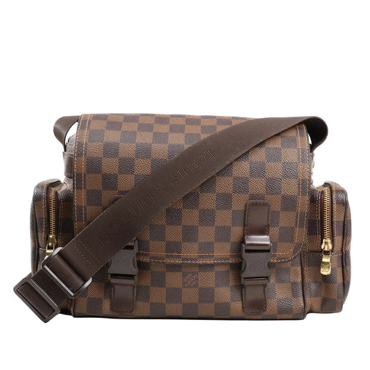 Louis Vuitton Reporter Melville Crossbody Bag N51126 in brown Damier Ebene canvas with dark leather trim, front buckle closures, side zip pockets, and adjustable Louis Vuitton logo strap on a white background.