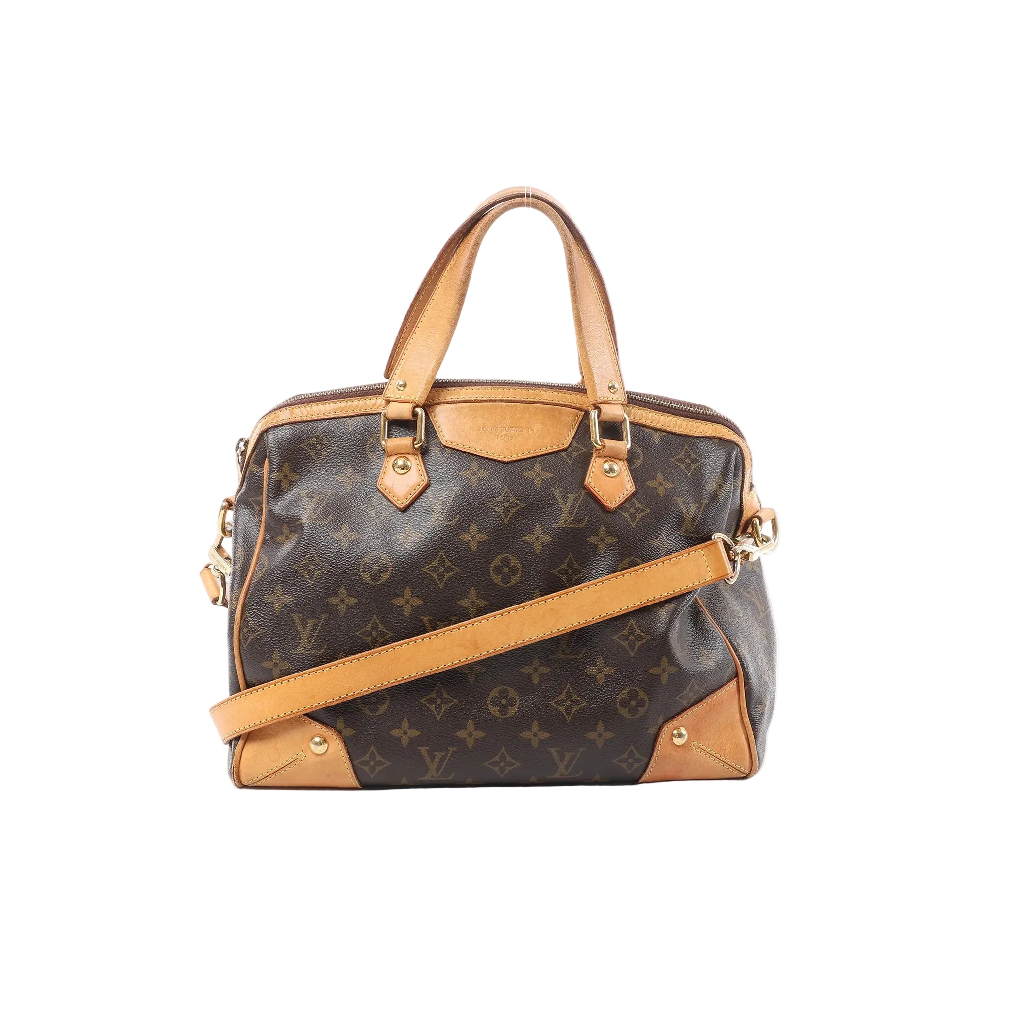 Front view of Louis Vuitton Monogram canvas Retiro PM handbag with tan vachetta leather trim, top handles, gold-tone hardware and detachable shoulder strap on a white background.