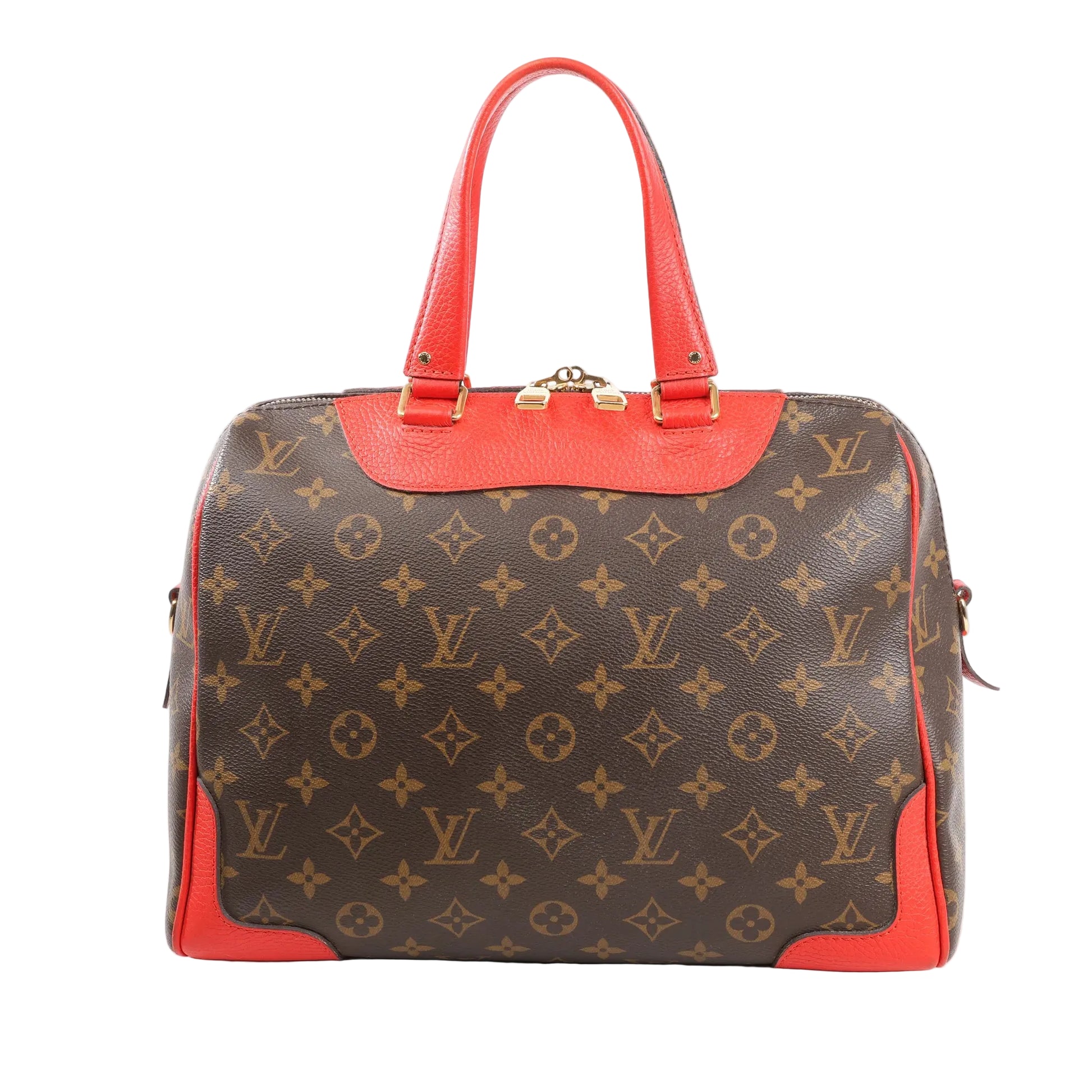 Front view of the Louis Vuitton Retiro PM handbag M50057 in brown Monogram canvas with vibrant red leather trim, dual rolled handles, and gold-tone hardware.