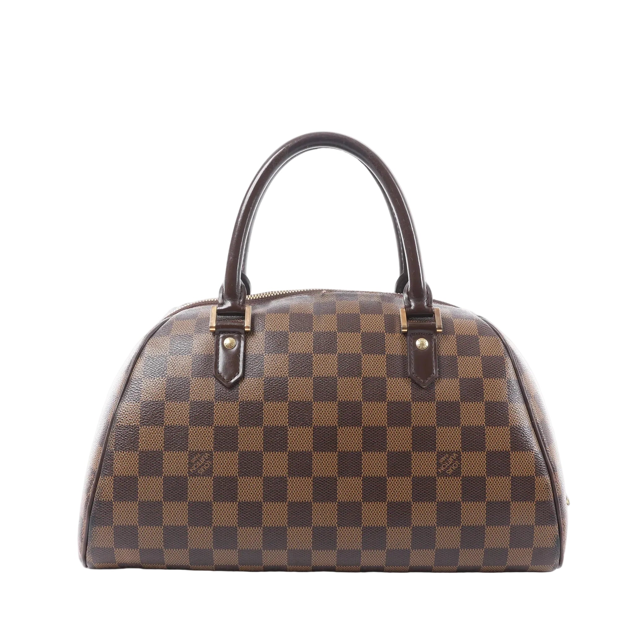 Louis Vuitton Ribera MM handbag in brown Damier Ebene canvas with dark rolled handles, gold-tone hardware and a structured dome shape.