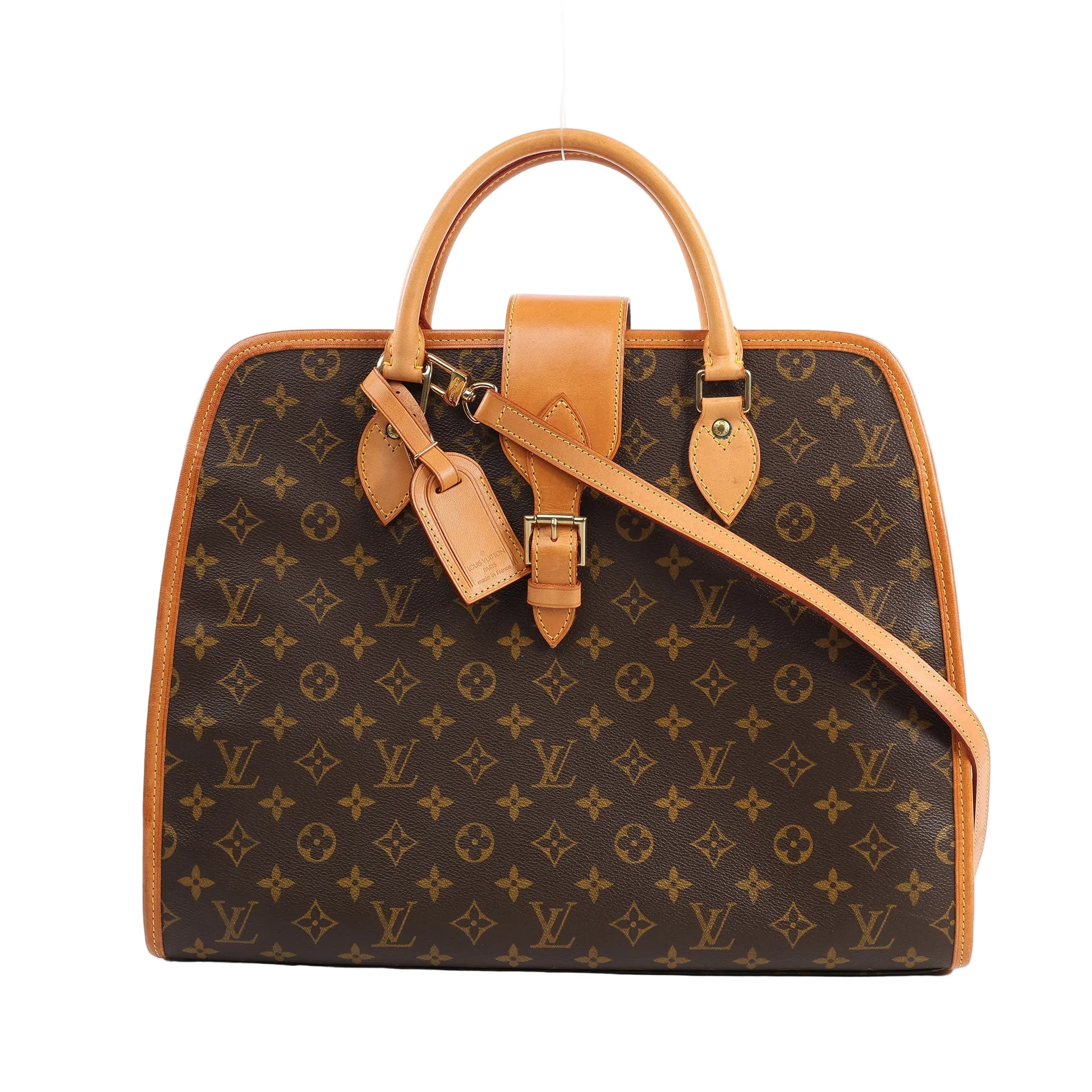 Louis Vuitton Monogram Rivoli 2Way Handbag M53380 in brown Monogram canvas with tan leather handles, trim, and strap, featuring gold-tone hardware, top buckle closure, and luggage tag, displayed on a white background.