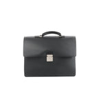 Front view of black Louis Vuitton Taiga leather Robusto briefcase with top handle and silver-tone lock closure on a white background.
