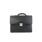 Front view of black Louis Vuitton Taiga leather Robusto briefcase with top handle and silver-tone lock closure on a white background.