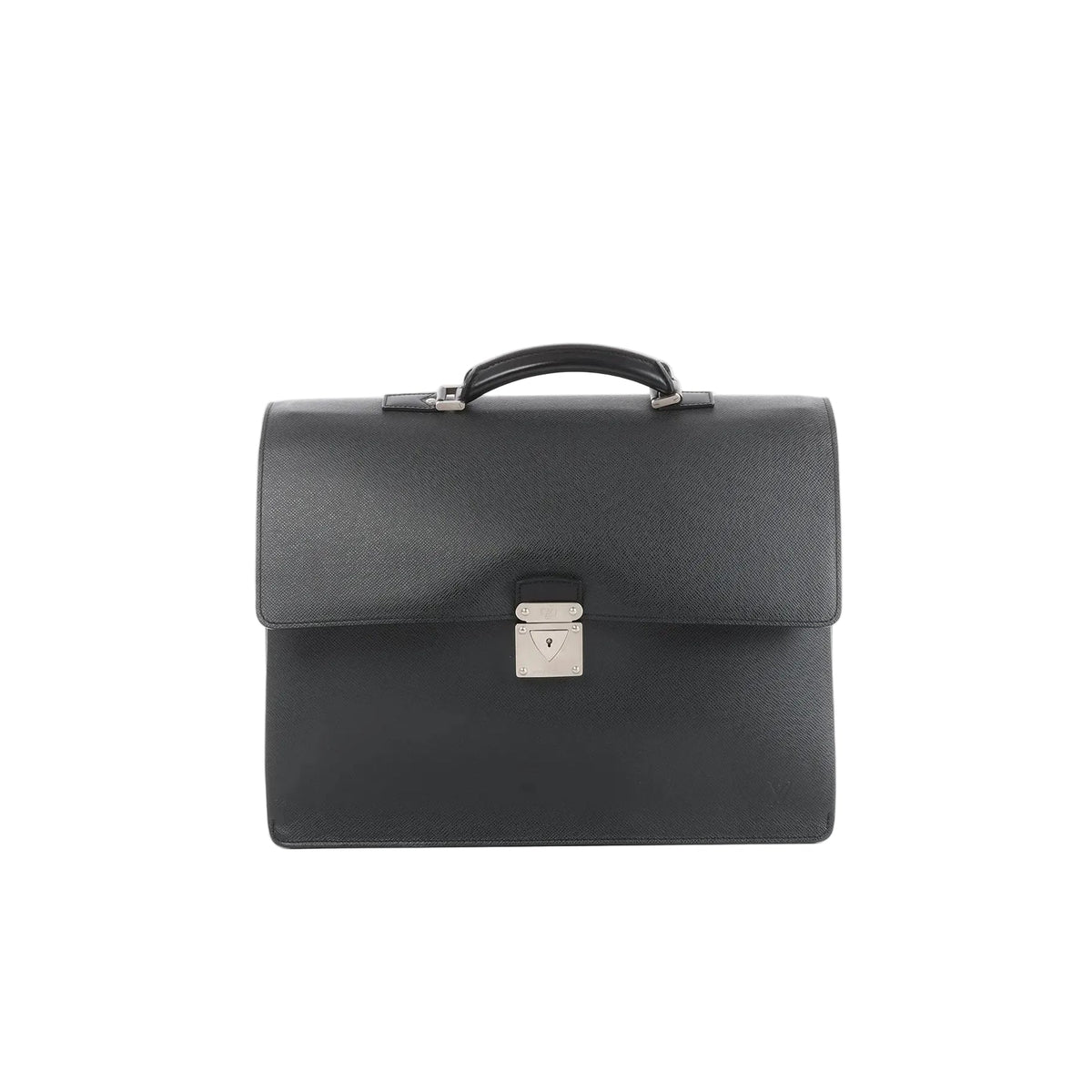 Front view of black Louis Vuitton Taiga leather Robusto briefcase with top handle and silver-tone lock closure on a white background.