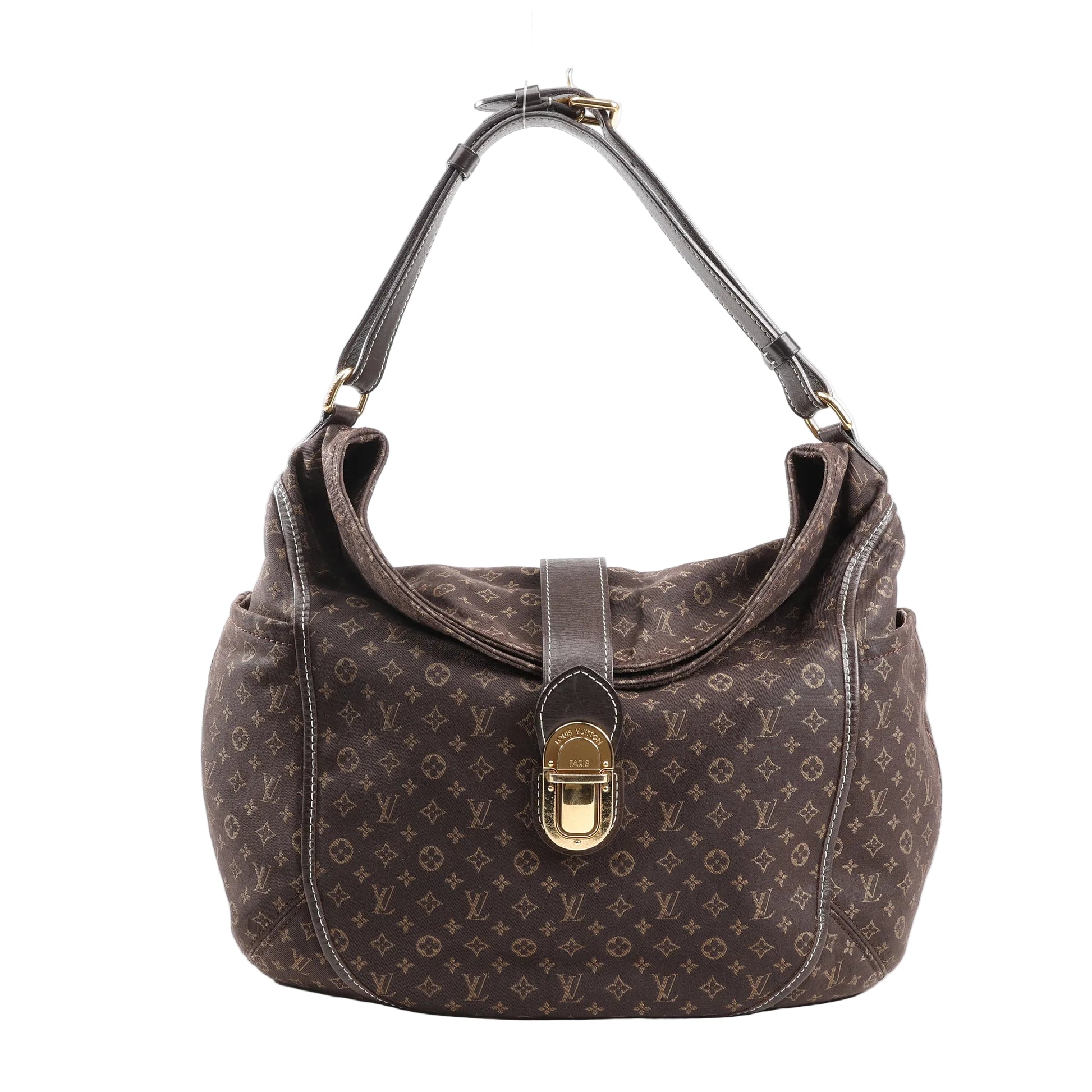 Louis Vuitton Monogram Idylle Romance Shoulder Bag M56699 in brown monogram canvas with curved silhouette, adjustable leather shoulder strap, and gold-tone push-lock closure against a white background.