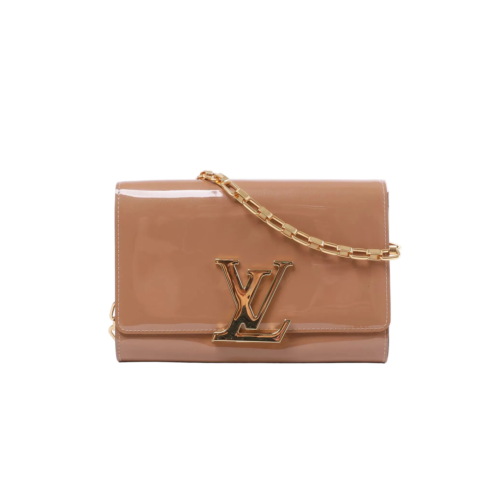 Louis Vuitton glossy beige patent leather clutch with oversized gold-tone LV clasp and rectangular-link chain strap.